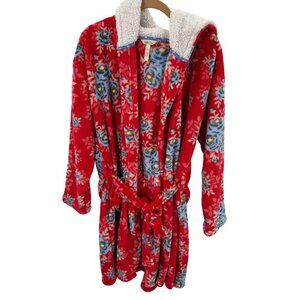 Matilda Jane Womens Plush Floral Robe With Hood & Belt Red/Blue Size S